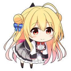 Rule 34 | 1girl, ahoge, blue bow, blush, bow, bowtie, center frills, chibi, chibi only, closed mouth, commentary request, double bun, frilled skirt, frills, full body, grey skirt, hair between eyes, hair bow, hair bun, hamidashi creative, hanging, highres, izumi hiyori, long sleeves, looking at viewer, pleated skirt, red bow, red bowtie, red eyes, school uniform, shirt, simple background, skirt, smile, solo, split mouth, tuna mayo0525, two-tone skirt, two side up, white background, white shirt, white skirt