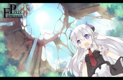 1girl blush female_focus from_below letterboxed long_hair looking_down mofetousu_furuna open_mouth original pixiv_fantasia pixiv_fantasia_fallen_kings pointy_ears purple_eyes saru solo