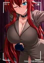 1girl artist_name blue_eyes blush breasts brown_coat cleavage closed_mouth coat covered_erect_nipples cowboy_shot hellandheaven high_school_dxd highres huge_breasts long_hair navel recording red_hair rias_gremory solo tongue tongue_out