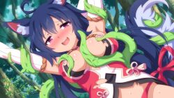 ahoge animal_ears arms_up bdsm black_hair blush bondage bound embarrassed forest fox_ears fox_tail game_cg highres long_hair mikoto_(sakura_fox_adventure) nature official_art plant puffy_nipples purple_eyes sakura_fox_adventure tail vines wanaca
