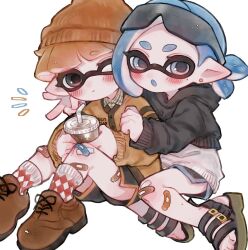 Rule 34 | 1boy, 1girl, 7om x2, :o, argyle clothes, argyle socks, bandaid, bandaid on leg, beanie, black hoodie, black shorts, blue eyes, blue hair, blue trim, brown footwear, dolphin shorts, drink, drinking straw, ear piercing, eyewear on head, grey eyes, hat, holding, holding drink, hood, hoodie, inkling, inkling boy, inkling girl, inkling player character, looking at viewer, medium hair, nintendo, orange hair, orange headwear, piercing, pointy ears, sandals, shoes, short hair, shorts, simple background, socks, splatoon (series), sports sandals, sunglasses, tentacle hair, thick eyebrows, toes, two-tone hoodie, white background, white hoodie