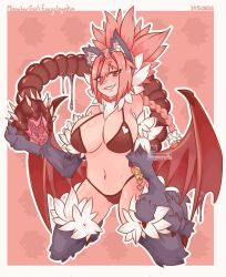 animal_ear_fluff animal_ears animal_hands bat_wings bikini blush breasts cleavage fur grin heart highres large_breasts lips looking_at_viewer manticore_(monster_girl_encyclopedia) midriff monster_girl monster_girl_encyclopedia monster_girl_encyclopedia_ii pink_background pink_eyes pink_hair sideboob simple_background smile swimsuit tail teeth thighs wings