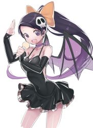 Rule 34 | 1girl, bare shoulders, bat wings, black dress, black hair, bow, breasts, choker, cleavage, detached sleeves, dress, elysia de lute ima, female focus, hair bow, hair ornament, idol, kami nomi zo shiru sekai, long hair, microphone, narrow waist, open mouth, ponytail, purple eyes, skull hair ornament, solo, ushi (newrein), wings
