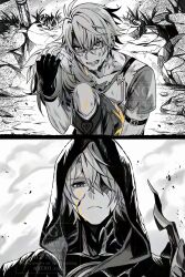 Rule 34 | 1boy, 2boys, absurdres, angry, arm belt, blood, blood on clothes, blood on face, coat, commentary request, crying, crying with eyes open, cyrene (honkai: star rail), dual persona, fingerless gloves, flame reaver of the deepest dark, gloves, go (roku), gold blood, highres, honkai: star rail, honkai (series), hood, looking at another, multiple boys, neck tattoo, partially colored, phainon (honkai: star rail), scar, scar on face, shirt, short hair, tattoo, tears