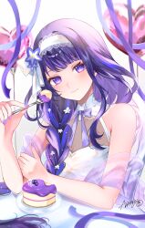 1girl absurdres almanju alternate_costume artist_name balloon bare_arms bare_shoulders blue_pupils blunt_bangs blurry blurry_background blush braid cake closed_mouth commentary detached_collar dress eating eyeliner flower food genshin_impact hair_flower hair_ornament hair_over_shoulder happy happy_birthday head_tilt headband highres light_smile long_braid looking_at_viewer makeup mole mole_under_eye multicolored_eyes multicolored_hair purple_eyes purple_flower purple_hair purple_nails purple_ribbon raiden_shogun red_eyeliner ribbon scarf signature single_braid sitting solo streaked_hair sweets symbol-only_commentary table upper_body white_background white_dress white_flower