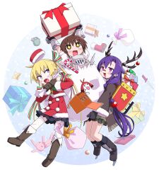 3girls antlers armor arms_up blonde_hair boots box brown_hair candy candy_cane explosive food fur_trim gauntlets gift gift_bag gift_box gloves goshiki_agiri grenade hair_ribbon highres holding holding_gift horns jack-in-the-box kill_me_baby long_hair multiple_girls open_mouth oribe_yasuna pleated_skirt purple_hair ribbon sack santa_costume short_hair skirt sonya_(kill_me_baby) stuffed_animal stuffed_rabbit stuffed_toy sweat unused_character_(kill_me_baby) very_long_hair yachima_tana