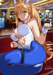 1girl animal_ears artoria_pendragon_(fate) artoria_pendragon_(lancer)_(fate) artoria_pendragon_(swimsuit_ruler)_(fate) bare_shoulders beckoning blonde_hair blue_nails blue_pantyhose breasts clothing_cutout crown detached_collar fake_animal_ears fate/grand_order fate_(series) female_focus film_grain fishnet_pantyhose fishnets green_eyes hair_between_eyes highleg highleg_leotard highres kurozawa_yui large_breasts leotard long_hair lying nail_polish navel navel_cutout necktie on_side pantyhose photo_background playboy_bunny rabbit_ears rabbit_girl solo thigh_strap white_leotard wrist_cuffs