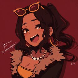 Rule 34 | 1girl, :d, absurdres, breasts, brown eyes, brown hair, brown jacket, cleavage, commentary, commission, commissioner name, dark skin, dated, earrings, english commentary, eyewear on head, fur-trimmed jacket, fur trim, gold earrings, highres, hoop earrings, jacket, jewelry, long hair, necklace, open mouth, orange shirt, original, pearl necklace, ponytail, portrait, red background, rnna, shirt, signature, simple background, smile, solo, sunglasses, teeth, upper teeth only