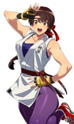 absurdres bare_shoulders blush braid braided_ponytail breasts brown_eyes brown_hair cleavage collarbone dot_nose dougi fingerless_gloves gloves hair_ornament hair_ribbon hand_on_own_hip highres karate_gi leggings long_hair medium_breasts open_mouth padded_gloves purple_leggings ribbon salute shiny_skin shishimai33 shoes smile standing standing_on_one_leg teeth the_king_of_fighters tongue upper_teeth_only white_background yuri_sakazaki
