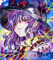 1girl ascot black_hat blue_background bow commentary_request hat hat_bow highres kabaji lightning nagae_iku portrait purple_hair red_ascot red_bow red_eyes shikishi short_hair solo touhou traditional_media upper_body