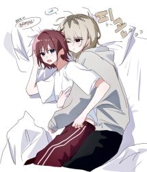 Rule 34 | 2girls, black pants, blue eyes, commentary request, cuddling, girls band cry, grey hair, grey hoodie, hood, hoodie, hug, hug from behind, i2727272727, iseri nina, kawaragi momoka, korean text, long hair, long sleeves, multicolored hair, multiple girls, on bed, open mouth, pants, pillow, red hair, red pants, roots (hair), shirt, short hair, short sleeves, speech bubble, track pants, translation request, white shirt, yuri