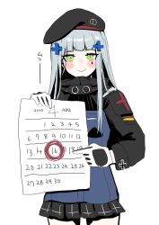 Rule 34 | 1girl, 416 day, absurdres, beret, black hat, black skirt, blush, calendar (object), commentary request, cowboy shot, cross hair ornament, girls&#039; frontline, gloves, green eyes, grey hair, hair ornament, hat, highres, hk416 (girls&#039; frontline), long hair, long sleeves, looking at viewer, mitsumoto amata, pleated skirt, pointing, simple background, skirt, smile, solo, teardrop facial mark, white background, white gloves