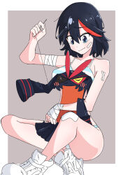 1girl bandaged_arm bandaged_hand bandages bandaid bandaid_on_face bandaid_on_knee bandaid_on_leg black_hair blue_eyes blush border bra breasts commentary_request grey_background highres holding_sewing_needle kill_la_kill matoi_ryuuko medium_breasts multicolored_hair okome._(kmjw3472) panties red_hair senketsu sewing shoes short_hair smile streaked_hair striped_bra striped_clothes striped_panties two-tone_hair underwear white_border white_shoes