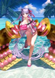 1girl absurdly_long_hair beach bikini blue_sky breasts checkered_bikini checkered_clothes cleavage closed_mouth clothing_cutout cloud day dot_mouth double_bun fanny_pack fate/grand_order fate_(series) floating_hair full_body game_cg hair_bun hair_ribbon huge_breasts jacket leg_up lips long_hair long_sidelocks long_sleeves looking_to_the_side mechanical_arms navel official_art open_clothes open_jacket passionlip_(celeb_summer_experience_swimsuit)_(fate) passionlip_(fate) pink_bag pink_bikini pink_eyes pink_jacket pink_nails pink_ribbon platform_sandals purple_hair ribbon sandals shoulder_cutout side-tie_bikini_bottom sidelocks single_sidelock sky solo standing standing_on_one_leg swimsuit thigh_gap third-party_source toenails toes unzipped variant_set very_long_hair wada_arco zipper_pull_tab