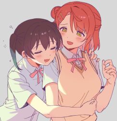 2girls black_hair blush breasts collared_shirt commentary_request drooling green_hair grey_background hair_bun hair_ornament hairclip hand_on_another&#039;s_shoulder hand_on_another&#039;s_waist hug hug_from_behind looking_at_another love_live! love_live!_nijigasaki_high_school_idol_club medium_hair meobbab2 multicolored_hair multiple_girls neck_ribbon nijigasaki_school_uniform open_mouth red_hair ribbon school_uniform shirt sidelocks single_side_bun summer_uniform sweater_vest takasaki_yu twintails two-tone_hair uehara_ayumu upper_body white_shirt yellow_eyes yellow_sweater_vest yuri