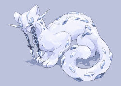 blue_eyes bright_pupils chien-pao colored_sclera fang full_body grey_background ice nintendo no_humans nyala_(nyala_766) pokemon pokemon_(creature) pokemon_focus polearm simple_background skin_fang slit_pupils solo spear tail weapon white_fur white_pupils