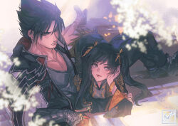 1boy 1girl black_footwear black_hair black_jacket black_pants bracelet frown grey_shirt hair_ribbon head_rest jacket jewelry kazama_jin ling_xiaoyu long_hair looking_at_viewer lying lying_on_person miyukiko on_stomach orange_eyes orange_ribbon pants ribbon shirt short_hair smile spiked_hair tekken tekken_8 twintails
