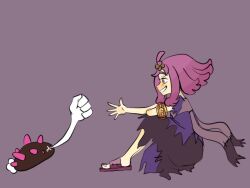 Rule 34 | 1girl, acerola (pokemon), from side, full body, gen 7 pokemon, looking at another, nenoto, nintendo, pokemon, pokemon sm, purple background, purple eyes, purple hair, pyukumuku, rock paper scissors, sandals, sitting, smile, topknot