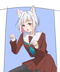1girl animal_ear_fluff animal_ears aqua_neckerchief black_pantyhose blue_background brown_dress cat_ears commentary_request dress grey_hair hair_ornament hasu_no_sora_school_uniform highres link!_like!_love_live! long_sleeves looking_at_viewer love_live! multicolored_hair neckerchief open_mouth pantyhose paw_pose pink_eyes pleated_dress potu_sabu red_hair sailor_collar sailor_dress school_uniform short_dress short_hair simple_background solo star_(symbol) star_hair_ornament streaked_hair virtual_youtuber white_sailor_collar yugiri_tsuzuri