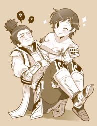 armor breasts brown_eyes brown_hair carrying carrying_person cleavage closed_eyes facial_hair fishnet_thighhighs fishnets goatee husband_and_wife japanese_clothes kimono kneeling large_breasts nene nene_(sengoku_musou) one_eye_closed sengoku_musou smile thighhighs topknot toyotomi_hideyoshi wink