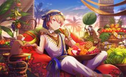1boy banana blonde_hair cloud colorful_palette dragon_fruit food fruit game_cg gradient_hair grapes highres holding holding_food holding_fruit leaf male_focus monkey multicolored_hair official_alternate_costume official_art orange_hair palm_tree pants pineapple project_sekai shirt sitting sky solo star_(symbol) tenma_tsukasa third-party_source tree white_pants white_shirt zettai_zetsumei!?_island_panic!_(project_sekai)