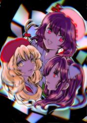 3girls :d black_hair blonde_hair branch earrings girl_who_trained_on_mt._haku_(touhou) hair_ribbon hat highres hourai_girl_(touhou) japanese_clothes jewelry kimono long_hair moonlight&#039;s_anti-soul_(touhou) multiple_girls open_mouth parted_lips pink_hat portrait_of_exotic_girls red_eyes red_hat ribbon shizuku_hky short_hair side_ponytail smile touhou white_kimono white_ribbon yellow_eyes yin_yang yin_yang_earrings