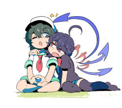 2girls :o ahoge arm_around_neck asymmetrical_wings black_dress black_eyes black_hair black_legwear bow bowtie detached_wings dress fangs hair_between_eyes hand_on_another&#039;s_shoulder hat houjuu_nue indian_style lotus_position moyazou_(kitaguni_moyashi_seizoujo) multiple_girls murasa_minamitsu neckerchief open_mouth panties pantyshot poking red_bow red_bowtie red_eyes sailor sailor_hat short_dress short_sleeves sitting touhou underwear wings