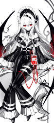 1girl artist_name bare_shoulders blood blood_bag bonnet cross highres limited_palette long_hair long_sleeves looking_at_viewer off_shoulder original pants red_eyes sheya shoes sidelocks signature sitting solo spot_color very_long_hair white_background wide_sleeves wings