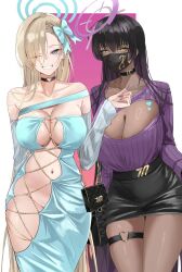 2girls asuna_(blue_archive) bag black_hair black_skirt blonde_hair blue_archive blue_dress blue_eyes blue_halo blue_ribbon breasts choker cleavage cleavage_cutout clothing_cutout commentary dark-skinned_female dark_skin detached_sleeves dress grin hair_ribbon halo handbag heart heart_choker highres huge_breasts karin_(blue_archive) large_breasts long_hair looking_at_viewer mask miniskirt miz_blank mole mole_on_breast mouth_mask multiple_girls navel purple_halo purple_sweater ribbon skirt smile sweater symbol-only_commentary teeth thigh_strap yellow_eyes