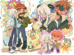 2boys bakori514_(h_akka) bishounen black_boots black_choker black_horns black_shirt blue_eyes blue_pants boots borrowed_character chibi choker coat collared_shirt commission deformed denim diagonal-striped_clothes diagonal-striped_necktie eyepatch fur_hood green_jacket highres holding holding_paper hood hooded_jacket horns jacket jeans lab_coat male_focus multiple_boys multiple_views necktie orange_hair original outline pants paper pink_outline second-party_source shirt striped_clothes two-tone_necktie white_coat white_hair wing_collar yellow_eyes