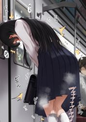 ! 1boy 1girl ? animal_print bag black_bag black_hair blue_skirt blush briefcase cat_print close-up crying door embarrassed facing_away from_below from_side hair_strand highres kneehighs kneepits knees_together_feet_apart long_hair long_sleeves looking_down original pee pee_stain peeing peeing_self pleated_skirt pussy_juice ricochet-gou school_bag school_uniform seat shaded_face shadow shelf shirt shirt_tucked_in sidelocks skirt socks sound_effects speech_bubble spoken_exclamation_mark spoken_question_mark steam subway sweat sweatdrop teardrop tears train train_interior trembling water_drop wet wet_clothes white_shirt white_socks window