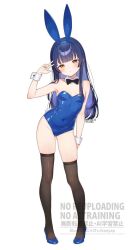 1girl animal_ears bad_tag black_thighhighs blue_hair blue_leotard blush breasts covered_navel expressionless fake_animal_ears fake_tail full_body high_heels highres kanya_pyi leotard loli long_hair looking_at_viewer orange_eyes original playboy_bunny bad_tag rabbit_ears rabbit_tail small_breasts solo tail thighhighs v