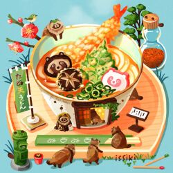 artist_name bird blue_background bowl cup flower food food_focus grass issiki_toaki leaf no_humans noodles original shrimp shrimp_tempura sign simple_background steam tanuki tempura udon