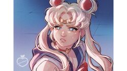 Rule 34 | 1girl, bishoujo senshi sailor moon, blonde hair, blue eyes, blue sailor collar, choker, circlet, commentary, derivative work, double bun, film grain, hair bun, highres, long hair, meme, munrou, parted lips, red choker, sailor collar, sailor moon, sailor moon redraw challenge (meme), screenshot redraw, solo, sweatdrop, thick eyebrows, tsukino usagi, twintails, watermark