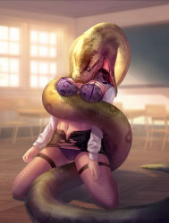1girl absurdres artist_request asphyxiation blush breasts classroom constriction highres interspecies large_breasts panties peril restrained snake swallowing tagme teacher torn_clothes underwear vore