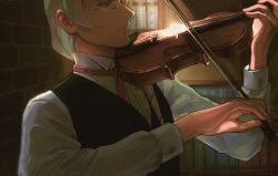 1boy absurdres ace_attorney apollo_justice:_ace_attorney blonde_hair bookshelf bow_(music) brick_wall collared_shirt dress_shirt drill_hair from_side hair_between_eyes highres holding holding_bow_(music) holding_instrument holding_violin instrument kristoph_gavin long_hair long_sleeves male_focus music neck_ribbon pink_ribbon playing_instrument puffy_long_sleeves puffy_sleeves ribbon ringo_orihara semi-rimless_eyewear shade shirt side_drill solo upper_body vest violin waistcoat