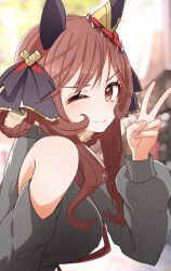 Rule 34 | 1girl, ;), alternate costume, animal ears, bare shoulders, blurry, blurry background, braid, braided hair rings, breasts, brown hair, commentary, detached sleeves, ear covers, from side, gentildonna (umamusume), grey sweater, hair rings, highres, horse ears, horse girl, jagili noe, large breasts, looking at viewer, one eye closed, puffy sleeves, red eyes, smile, solo, sweater, umamusume, v