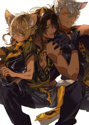 3boys absurdres animal_ears arm_around_neck arm_around_waist bare_shoulders black_gloves black_shirt blonde_hair bracelet braid brown_hair clenched_teeth closed_mouth commentary_request cowboy_shot dark-skinned_male dark_skin fang feet_out_of_frame fingernails gloves gold_necklace gold_trim green_eyes grey_eyes grey_hair grey_pants hair_between_eyes highres hug jack_howl jewelry knees_up leona_kingscholar long_hair male_focus midriff_peek multiple_boys nana_tetra necklace open_mouth orange_eyes pants parted_lips pectorals ruggie_bucchi scarf shirt short_hair simple_background sitting skin_fang teeth toned toned_male twin_braids twisted_wonderland upper_body white_background yellow_scarf
