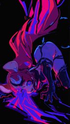 absurdres animal_ears ass black_background black_hair elbow_gloves fang gloves glowing glowing_eyes hakos_baelz high_contrast highres hololive hololive_english long_hair looking_at_viewer mouse_ears mouse_girl mousetrap multicolored_hair notched_ear old_metal_666 red_eyes red_hair spikes streaked_hair tail tail_ornament thigh_strap thighhighs white_hair