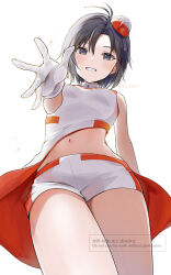Rule 34 | 1girl, antenna hair, black eyes, black hair, blush, breasts, commentary, from below, garrison cap, gloves, grin, hat, highres, idolmaster, idolmaster (classic), kikuchi makoto, looking at viewer, looking down, mini hat, mogskg, navel, shirt, short hair, shorts, simple background, sleeveless, sleeveless shirt, smile, solo, standing, twitter username, two-tone headwear, two-tone shirt, two-tone shorts, voy@ger (idolmaster), watermark, white background, white gloves, white shorts