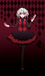 Rule 34 | 1girl, alternate color, alternate costume, black leggings, black necktie, black sleeves, bow, braid, card, club (shape), diamond (shape), frilled skirt, frills, gradient background, hair bow, heart, highres, holding, holding card, izayoi sakuya, leggings, long sleeves, looking at viewer, m.u.g.e.n, maid headdress, necktie, open hand, pantyhose, red bow, red eyes, red theme, red vest, saku (mugen), skirt, solo, spade (shape), torikokoro, touhou, twin braids, vest, white hair