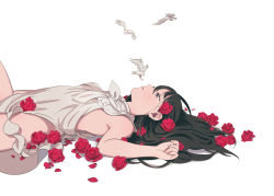 1girl bird black_eyes black_hair female_focus flower looking_away lying mebae on_back original petals profile revision rose rose_petals simple_background solo white_background