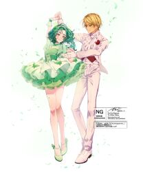 Rule 34 | 1boy, 1girl, akimoto komachi, aoi tete, ballroom, ballroom dancing, bare arms, bare legs, blonde hair, bubble skirt, butterfly wings, choker, corset, couple, cross-laced clothes, cross-laced corset, curly hair, dancing, dark-skinned male, dark skin, dress, falling petals, feathered wings, feathers, flower, frilled choker, frilled dress, frilled skirt, frilled sleeves, frilled wristband, frills, full body, gloves, green eyes, green hair, green shoes, hand on another&#039;s hand, hand up, headband, high heels, highres, insect wings, loafers, long sleeves, looking at another, looking to the side, mature male, medium hair, nuts (yes! precure 5), pants, parted bangs, petals, precure, puffy dress, puffy short sleeves, puffy sleeves, red flower, red rose, rose, shoes, short dress, short hair, short sleeves, signature, skirt, standing, tuxedo, twitter username, vest, watermark, white gloves, white shoes, white vest, wings, wristband, yes! precure 5, yes! precure 5 gogo!