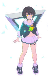 &gt;:( 1girl absurdres arms_at_sides ascot bare_legs black_choker black_hair black_shirt black_shoes choker closed_mouth commentary_request enkyo_yuuichirou female_focus full_body gradient_ascot green_hair highres legs_apart long_sleeves looking_at_viewer miniskirt multicolored_hair pictoria pleated_skirt rainbow_neckwear sailor_collar school_uniform serafuku shirt shoes short_hair simple_background skirt solo standing thigh_strap towa_kiseki triangle two-tone_ascot two-tone_hair v-shaped_eyebrows virtual_youtuber white_background white_sailor_collar white_skirt yellow_eyes