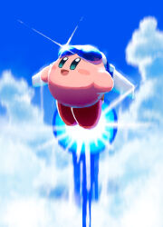 :d aruco_co blue_eyes blue_sky blush_stickers cloud cloudy_sky commentary_request day flying highres kirby kirby_(series) nintendo no_humans open_mouth outdoors sky smile solo