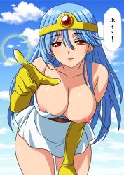 1girl absurdres anime_coloring belt bent_over blue_hair blue_sky breasts brown_belt circlet cleavage collarbone commentary_request commission cowboy_shot day dragon_quest dragon_quest_iii dress earrings gem gloves gold_circlet healing highres index_finger_raised jewelry large_breasts long_hair looking_at_viewer magic nipple_slip nipples parted_lips pixiv_commission pointing pointing_at_viewer red_eyes red_gemstone sage_(dq3) sky solo speech_bubble sphere_earrings strapless strapless_dress white_dress yellow_gloves yuuyuu_(3jjbn)