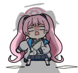 1girl blank_eyes blue_archive chibi grey_skirt jacket koyuki_(blue_archive) long_hair long_sleeves lowres nyaru_(nyaru_4126) open_clothes open_jacket open_mouth pantyhose pink_hair pleated_skirt puffy_long_sleeves puffy_sleeves shadow shirt skirt solo sweat twintails very_long_hair white_jacket white_pantyhose white_shirt yuuka_(blue_archive)