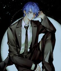Rule 34 | 0qktb, 1boy, alternate costume, arm up, black jacket, black necktie, black pants, black suit, blue eyes, blue hair, blue nails, closed mouth, collared shirt, commentary, earrings, elbow on knee, feet out of frame, formal clothes, hashtag-only commentary, highres, jacket, jewelry, kaito (vocaloid), lapels, long sleeves, looking at viewer, male focus, nail polish, necktie, notched lapels, pants, parted bangs, piercing, shirt, shirt tucked in, short hair, sky, solo, star (sky), starry sky, suit, suit jacket, tie clip, vocaloid, white shirt, wing collar