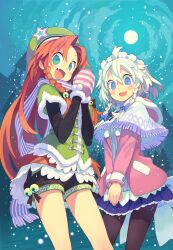 Rule 34 | 2girls, :d, absurdres, adapted costume, ahoge, alternate costume, aqua eyes, back bow, bell, beret, black bow, black pantyhose, black skirt, blue bow, blue eyes, blush, bow, braid, capelet, commentary request, constricted pupils, cowboy shot, fang, forehead, from below, full moon, fur-trimmed sleeves, fur trim, green eyes, green headwear, green jacket, hair bell, hair between eyes, hair bow, hair intakes, hair ornament, hands up, hat, hat ornament, highres, hong meiling, hood, hood down, hooded jacket, izayoi sakuya, jacket, layered clothes, layered sleeves, long hair, long sleeves, looking at viewer, miniskirt, mittens, moon, morino hon, multiple girls, night, night sky, open mouth, orange hair, own hands together, pantyhose, pavement, pink jacket, pleated skirt, pom pom (clothes), purple scarf, running bond, scarf, short hair, short over long sleeves, short sleeves, shorts, silhouette, skirt, sky, sleeve cuffs, smile, star (symbol), star hat ornament, striped clothes, striped scarf, touhou, twin braids, v arms, very long hair, white bow, white capelet, white hair, white scarf