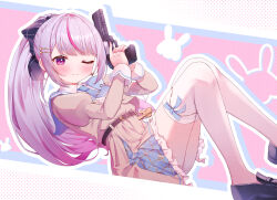 1girl absurdres belt black_belt black_shoes blue_necktie blue_ribbon blush closed_mouth commentary_request dress foot_out_of_frame frilled_dress frills gradient_hair gun hair_ornament handgun hands_up highres holding holding_gun holding_weapon juliet_sleeves loafers long_hair long_sleeves looking_ahead multicolored_hair necktie one_eye_closed pink_dress pink_hair pink_nails ponytail puffy_sleeves purple_eyes ribbon shoes solo streaked_hair sutsumi thighhighs tosaki_mimi tosaki_mimi_(5th_costume) virtual_youtuber vspo! weapon white_thighhighs